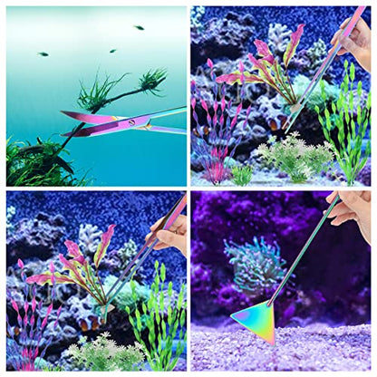 15" Aquarium Aquascape Tools Kit 4P Stainless Steel Aquascaping Set | 4in1 Extra Long Full Metal Design, Scissors, 2P Tweezers And Sand Spatula, For Trimming Plants, Arranging Sand And Aquascape - color: Colorful