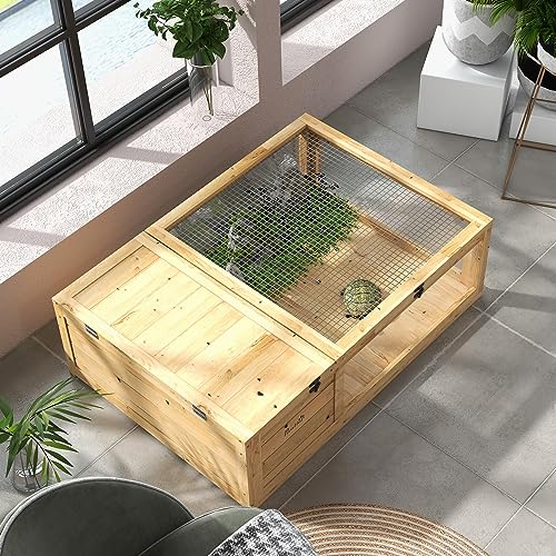 PawHut Wooden Tortoise House Indoor Turtle Habitat Enclosure Outdoor Reptile Cage for Lizards, Geckos, Yellow | Outdoor Reptile Cage, for Lizards, Geckos