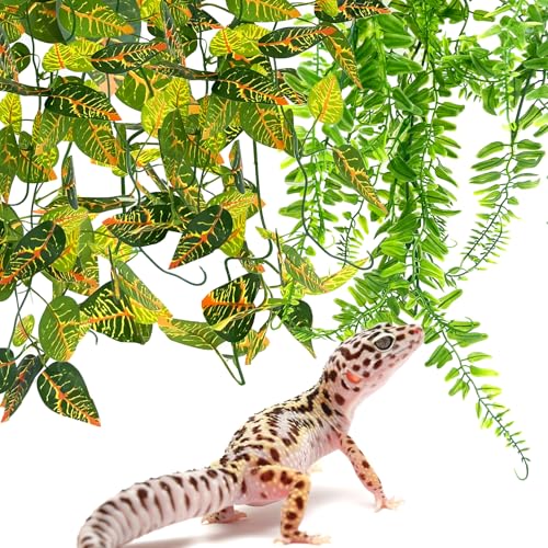 Hamiledyi Reptile Plants for Terrarium Hanging Fake Leaves with Suction Cup | 5 Pack Artificial Snake Foliage, Bearded Dragon Tank Greenery Reptile & Amphibian Habitat Plant for Chameleon Gecko (Style 3) - size: 5 PCS - Style 3