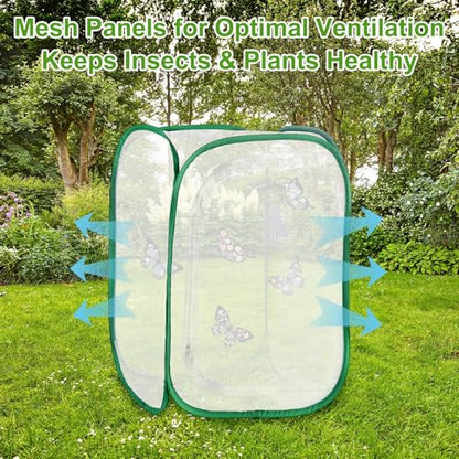 M METERXITY Butterfly Habitat Cage Terrarium, Outdoor Collapsible Mesh Pop-up with Zipper Protection for Breeding Butterfly/Ladybug, Mesh Plant Enclosure [White with Green, 24 x 16 x 16 Inch]