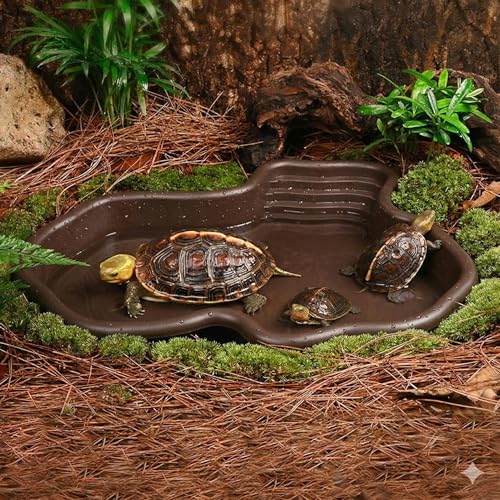 Extra Large Reptile Bathing Pool Reptile Feeding Dish Water Bowl with Ramp Aquarium Ornament for Gecko, Snake, Turtle, Bearded Dragon, Lizard Bath (Black)