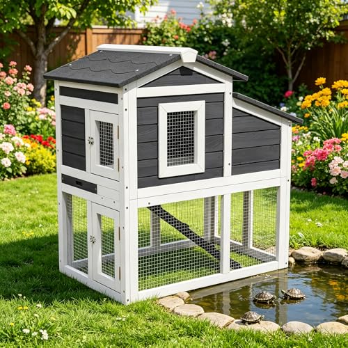 Large Tortoise Habitat House Indoor Outdoor Wooden Turtle Hidden Enclosure with Waterproof Roof, Nesting Box &Removable Tray, Reptile Lounge Cage for Small Animals (White2) - color: White2