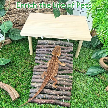 BNOSDM Wooden Basking Platform with Climbing Ramp Reptiles Hideout Bearded Dragon Hide Cave Reptile Tank Accessories Suit for Tortoise, Lizard, Toad, Gecko (Rectangle)