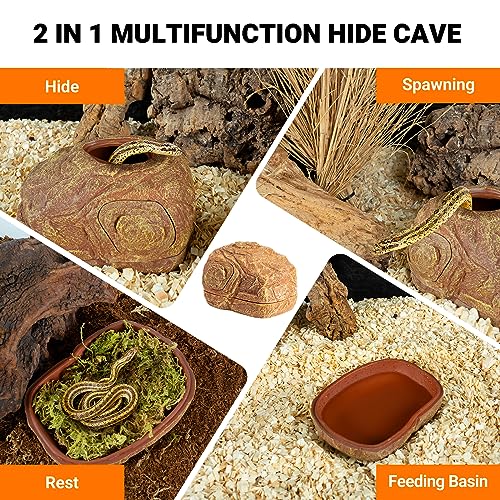 REPTI ZOO Gecko Hide Cave, 2 in 1 Snake Reptile Hideout for Hide & Rest & Breed & Feeding, Reptile & Amphibian Habitat Decor for Corn Snake, Small Snake, Ball Python, Crested Gecko, Leopard Gecko