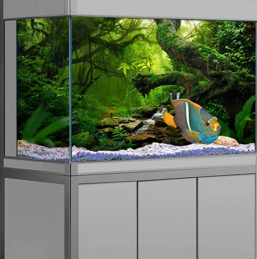 60X24IN Tropical Forest Green Huge Tree Reptile Habitat Aquarium Background, Green Natural Landscape Rainforest Fish Tank Decorations Background, Nature Art Terrarium Background - size: 60X24in/150X60cm