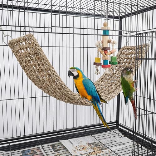 39 x 7.5 Inches Seagrass Mat Natural Woven Net Bird Hammock with Hooks Climbing Rope Ladder Chew Toy Cage Accessories for Parrots Cockatiels Hamsters Rats Guinea Pigs Bearded Dragons