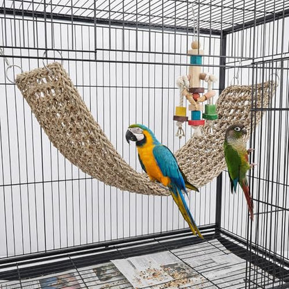 39 x 7.5 Inches Seagrass Mat Natural Woven Net Bird Hammock with Hooks Climbing Rope Ladder Chew Toy Cage Accessories for Parrots Cockatiels Hamsters Rats Guinea Pigs Bearded Dragons