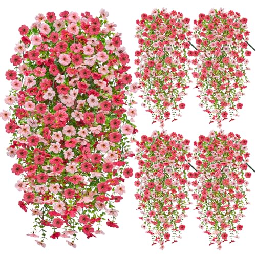 4PCS UV Resistant Silk Artificial Hanging Flowers for Outdoors | Mixed Color Relistic Fake Flowers for Outside,Patio,Porch,Front,Yard,Window,Garden,Indoor Decor(Hot Pink&Light Pink) - color: Red&pink, size: 4PCS