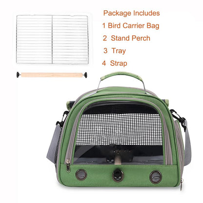 Bird Travel Carrier Bag, Portable Small Bird Parrot Parakeet Carrier | with Standing Perch and Tray, Side Access Window Collapsible Bird Carry Transport Bag for Vet Visit(Green)
