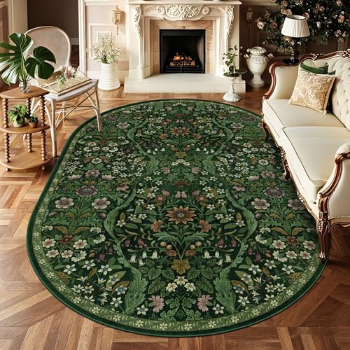 5x7 Oval Washable Rug Green Floral Rug Non-Slip Indoor Carpet | Low-Pile, Non-Slip, Stain Resistant, Non-Shedding Indoor Carpet, Soft Green Washable Floral Rug, for Bedroom, Dorm, Nursery - color: Dark Green, size: 5' x 7' (Oval)