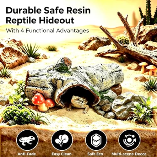 Reptile Hide Cave, Resin Hollow Tree Trunk Hideout, Terrarium Habitat Shelter Tank Accessories Decor for Snake, Leopard Gecko, Bearded Dragon, Tarantula, Aquarium Fish Tank Ornament