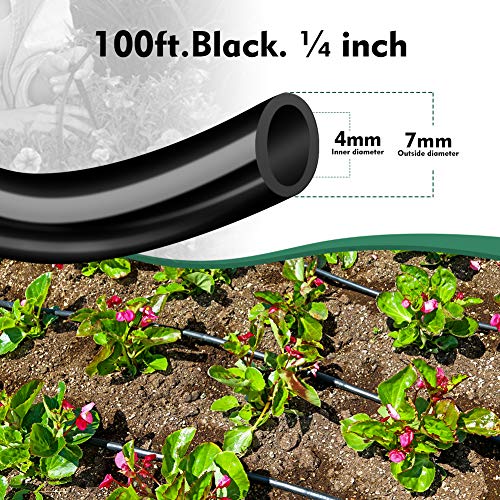 100FT 1/4” Drip Irrigation Tubing, 7mm OD x 4mm ID Hose, Black | Flexible UV-Resistant Hose, Compatible with 1/4" Barbed Tees, Micro-Emitters & Misters, Easy Install for Garden Extensions - size: 100FT