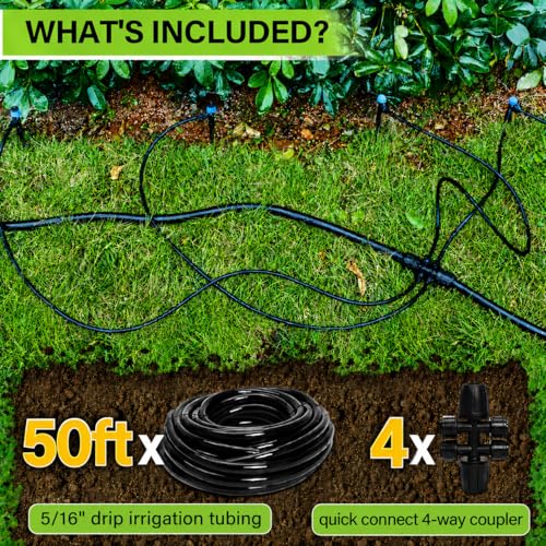 50FT 5/16 Inch Mainline Tubing with 6-Way Couplers, 4-Pack | Compact Mainline Kit for DIY Irrigation. Four Push-to-Connect 6-Way Couplers Help Create Branches in Raised Beds and Gardens. - size: 50FT - 5/16" Tubing
