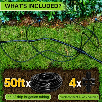 50FT 5/16 Inch Mainline Tubing with 6-Way Couplers, 4-Pack | Compact Mainline Kit for DIY Irrigation. Four Push-to-Connect 6-Way Couplers Help Create Branches in Raised Beds and Gardens. - size: 50FT - 5/16" Tubing