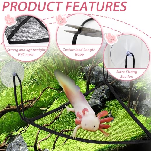 2 Pcs Axolotl Bearded Dragon Lizard Hammock with Large Suctions and Rope No Rust Breathable Mesh Reptile Hammock Tank Accessories for Geckos, Iguanas, Anoles, Snakes, Chameleon (Black)