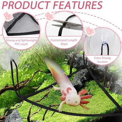 2 Pcs Axolotl Bearded Dragon Lizard Hammock with Large Suctions and Rope No Rust Breathable Mesh Reptile Hammock Tank Accessories for Geckos, Iguanas, Anoles, Snakes, Chameleon (Black)