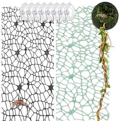 Jumping Spider Tarantula Enclosure Climbing Bridge Decor, Jumping Spider Hideout Rope Bridge 2pcs Climbing Web Net with 8pcs Suction Cups Hook, Accessories For Tarantula Reptile Enclosure (Green)
