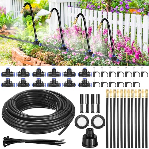 M METERXITY 1-Set Drip Irrigation System, 50Ft 1/4" Hose Garden Watering Misting System with 12pcs 360° Adjustable Copper Nozzles for Greenhouse/Yard/Lawns, Atomizing Watering Accessories - color: Black + Gold Tone, size: 50Ft 1/4"