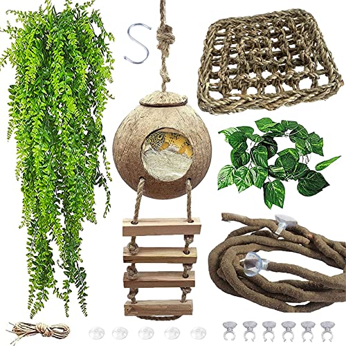 Lizard Coco Den with Ladder,Leopard Gecko Coconut Husk Hut Hideout Home Reptile Hammock Climbing Hanging Plants Decor Habitat Tank Accessories for Bearded Dragon Snake Chameleon - style: 【Style A】