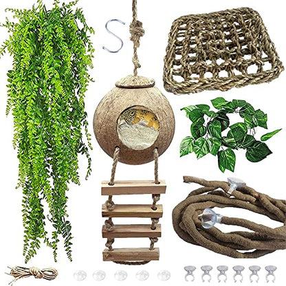 Lizard Coco Den with Ladder,Leopard Gecko Coconut Husk Hut Hideout Home Reptile Hammock Climbing Hanging Plants Decor Habitat Tank Accessories for Bearded Dragon Snake Chameleon - style: 【Style A】