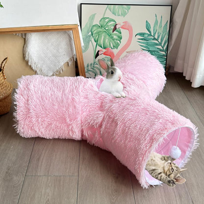 3-Way Collapsible Cat Tunnel Tube Toy Pink Plush | Interactive Play Tunnel with Hanging Ball & Peek Hole for Indoor Cats, Kittens, Puppies & Rabbits | Hours of Fun & Exercise - color: Pink Plush