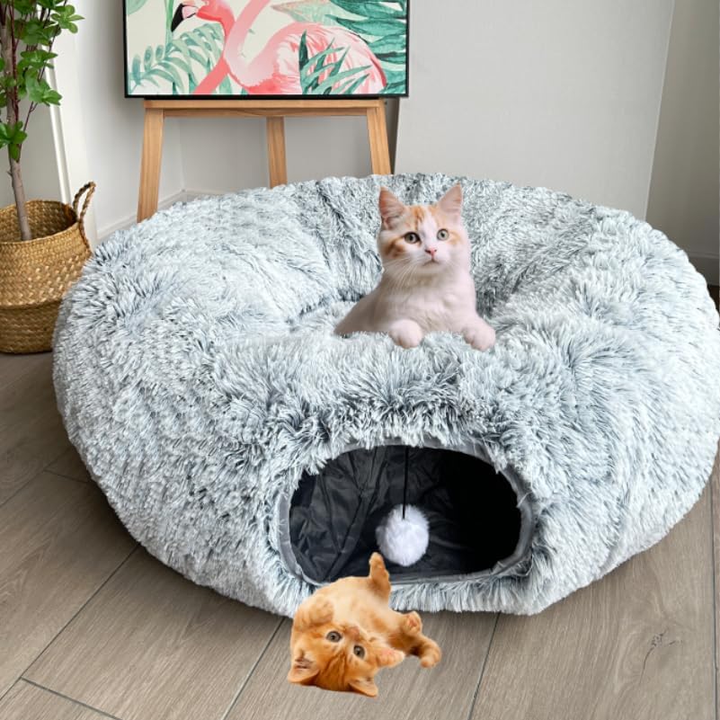 Cat Bed Tunnel Tube Toy Grey Plush | Collapsible Round Tunnels for Indoor Cats, Interactive Toys Play Tubes with Hanging Ball for Kitten, Puppy, Rabbit - color: Grey Plush O