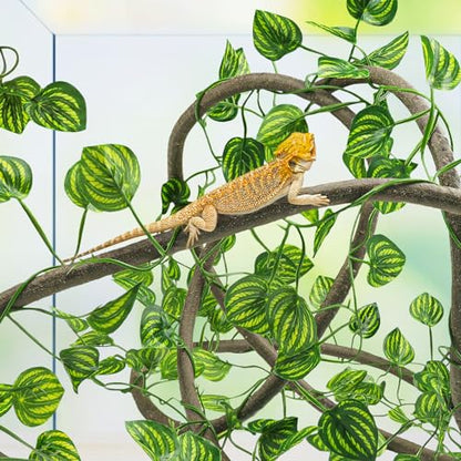 QUOZUO Reptile Tank Accessories, Artificial Plants Vines and Flexible Leaves With Suction Cups, Crested Gecko Tank Long Vines Hide for Climbing, Chameleon, Lizards