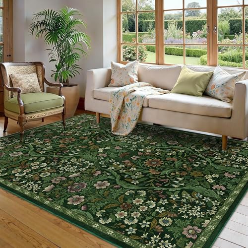 Floral Area Rug 5x7 Botanical Washable Carpet for Living Room | Low-Pile, Non-Slip, Stain Resistant, Washable Green Boho Rug, Soft, Non-Shedding, for Bedroom, Dining Room, Office, Nursery - color: Dark Green, size: 5' x 7' (Rectangular)