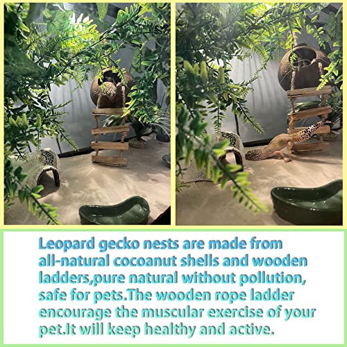 kathson Leopard Gecko Coconut Husk Hut Reptile Habitat Accessories Hideout Hole Climbing Ladder Bendable Hanging Plants Sleeping Hiding Breeding Apply to Amphibians and Small Animals