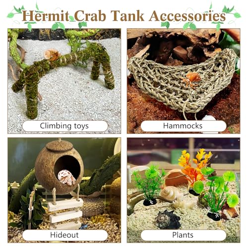 6 PCS Hermit Crab Accessories Large Bendable Moss Hermit Crab Climbing Toys Coconut Shell Hut with Ladder Climbing Hammock with Suction Cup Plants for Reptile Amphibian