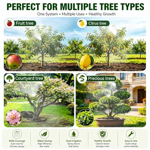 High-Flow Tree Irrigation System, 15FT 12mm Hose & 2Pcs 6.5FT Adjustable Nozzles, for Tree Roots & Canopies Irrigation, Leaf & Fruit Cleaning, Ideal for Fruit Trees & Ornamental Trees - size: 15FT