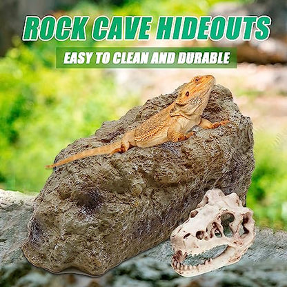 Anxingo Reptile Rock Reptile Cave Hideout for Snakes/Geckos/Lizards/Turtles and Other Amphibians, with Dinosaur Skull (Small) - size: S