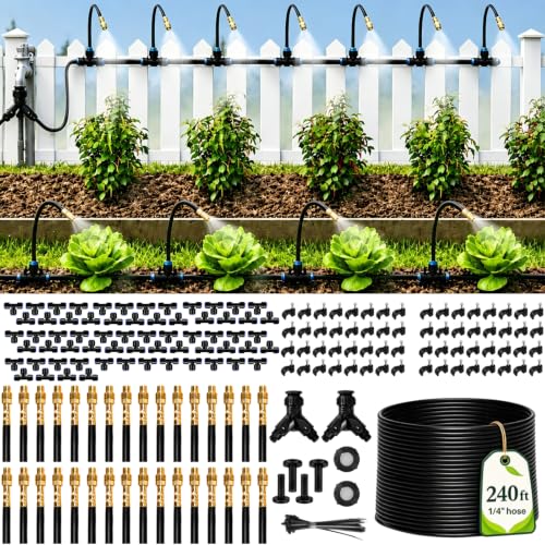 240Ft 1/4" Drip Irrigation System, 360° Adjustable Copper Nozzles, Save 80% Watering System for Garden, Upgraded DIY Kit for Outdoor Plants, Raised & Flower Beds, Landscape, Greenhouse, Yard - size: 240ft