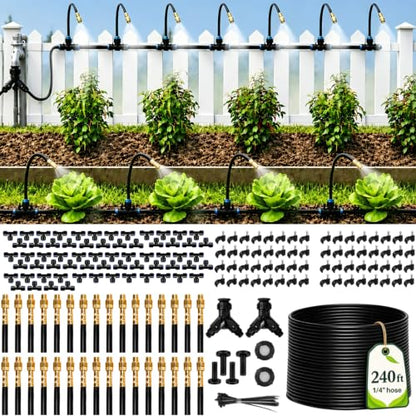 240Ft 1/4" Drip Irrigation System, 360° Adjustable Copper Nozzles, Save 80% Watering System for Garden, Upgraded DIY Kit for Outdoor Plants, Raised & Flower Beds, Landscape, Greenhouse, Yard - size: 240ft
