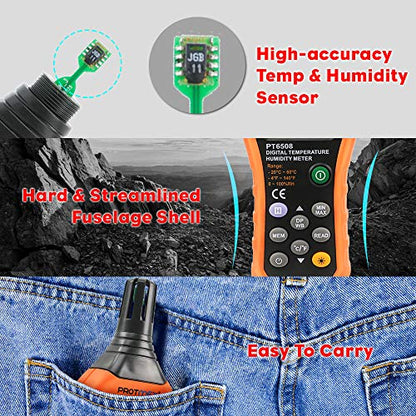 PT6508 Temperature Humidity Meter - Wet Bulb for Indoor/Outdoor | Digital Thermometer Hygrometer Monitor with Ambient, Dew Point, MIN, MAX, Data Hold, LCD Backlight