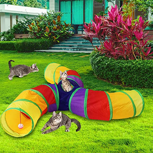 Bemodst S-Type Cat Tunnel, 2 Way/3 Way/4 Way/5 Way Collapsible S-Shape Small Animal Tubes Kitty Tunnels Interactive Maze House Toy with Storage Bag for Kitten Puppy Rabbit Guinea Pig (Rainbow-3 Way) - color: Rainbow-3 Way