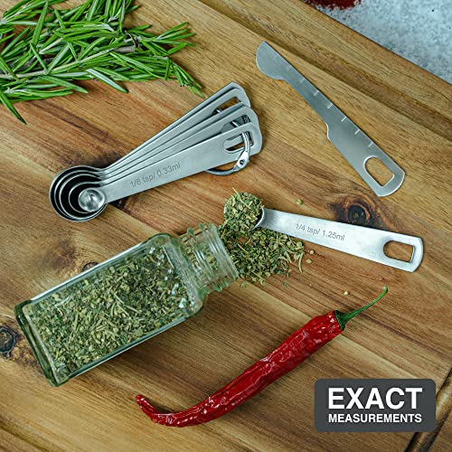 BALCI Stainless Steel Measuring Spoons - Set of 6 + Leveler | Heavy duty 18/8 stainless steel measuring spoon set with US & metric measurements for dry and liquid ingredients. - size: 6 Spoons and Leveler