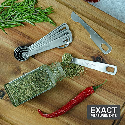 BALCI Stainless Steel Measuring Spoons - Set of 6 + Leveler | Heavy duty 18/8 stainless steel measuring spoon set with US & metric measurements for dry and liquid ingredients. - size: 6 Spoons and Leveler