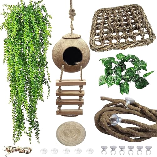 Crested Gecko Tank Accessories,Gecko Coconut Hut Hideout with Ladder Reptile Hammock Lizards Hanging Plants Flexible Climbing Jungle Vine Leaves Terrarium Decor - style: 【Style B】