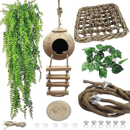 Crested Gecko Tank Accessories,Gecko Coconut Hut Hideout with Ladder Reptile Hammock Lizards Hanging Plants Flexible Climbing Jungle Vine Leaves Terrarium Decor - style: 【Style B】