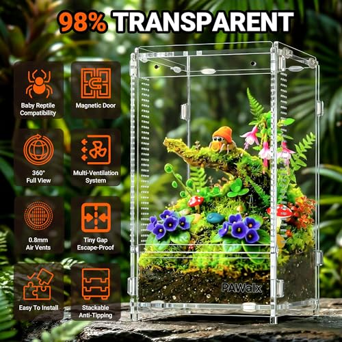 Jumping Spider Enclosure, Acrylic Terrarium with with Magnetic Doors, 0.8mm Micro-Ventilation, Stackable Escape-Proof Habitat for Jumping Spiders, Tarantulas & Small Reptiles, 4.7"x4.7"x8" - size: 1Pack, 4.7"x4.7"x8"
