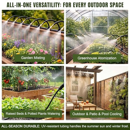 66FT Drip Irrigation System Kit Dual-Zone Garden Atomizing Watering System with 20 Copper 360° Adjustable Bendable Nozzles, Y-Splitter, Leak-Proof 1/4" Misting System for Garden Greenhouse Raised Beds - size: 66FT