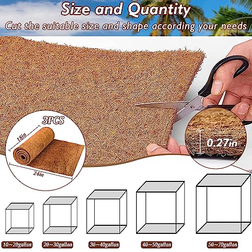 3 Rolls Reptile Carpet 18x24 Inch Coconut Fiber Mat for Tank Bedding | Natural Coconut Fiber Reptile Carpet Liner Flooring, Absorbent & Reusable For Bearded Dragons, Tortoises, Lizards & Geckos - size: 3 Pcs (18X24in)