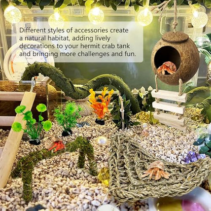 6 PCS Hermit Crab Accessories Large Bendable Moss Hermit Crab Climbing Toys Coconut Shell Hut with Ladder Climbing Hammock with Suction Cup Plants for Reptile Amphibian