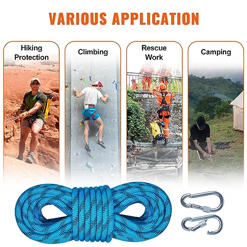 VEVOR Static Climbing Rope, 32 ft Outdoor Rock Climbing Rope with 26KN Breaking Tension, 0.4'' /10 mm High Strength Safety Rope, Escape Rope with 2pcs Carabiner and Storage Bag - size: 32 ft