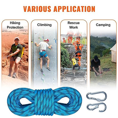 VEVOR Static Climbing Rope, 32 ft Outdoor Rock Climbing Rope with 26KN Breaking Tension, 0.4'' /10 mm High Strength Safety Rope, Escape Rope with 2pcs Carabiner and Storage Bag - size: 32 ft