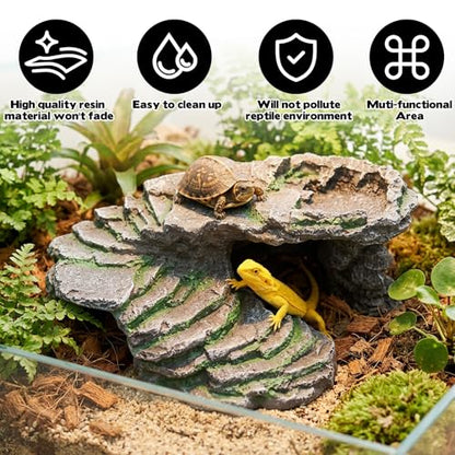 Reptile Hide Cave with Feeding Dish, Basking Platform & Climbing Ledge for Lizards, Natural Rock Style Habitat for Gecko Bearded Dragon Terrarium Decor