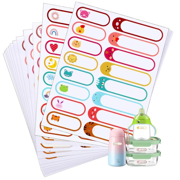 480 Baby Bottle Labels, Waterproof Self-Laminating Name Labels | 30 Sheets, 2 Sizes, Animal & Weather Designs, For Bottles, Cups, Lunch Boxes, Daycare And School - style: Animal&Weather Style