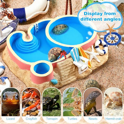 Gerrii Hermit Crab Water Bowl 2 Compartments Resin Hermit Crab Water Bathing Pool and Food Dish Seashell Reptile Climbing Habitat Platform for Turtles Lizard Frog Gecko Chameleons(Round)