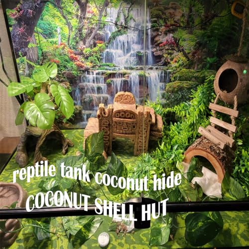 kathson Leopard Gecko Coconut Husk Hut Reptile Habitat Accessories Hideout Hole Climbing Ladder Bendable Hanging Plants Sleeping Hiding Breeding Apply to Amphibians and Small Animals